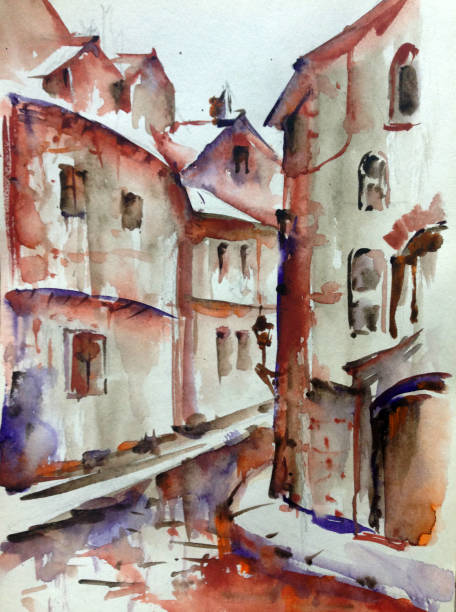 istock Watercolor colorful bright textured abstract background handmade . Mediterranean landscape . Painting of architecture and vegetation of the old town 1363097321