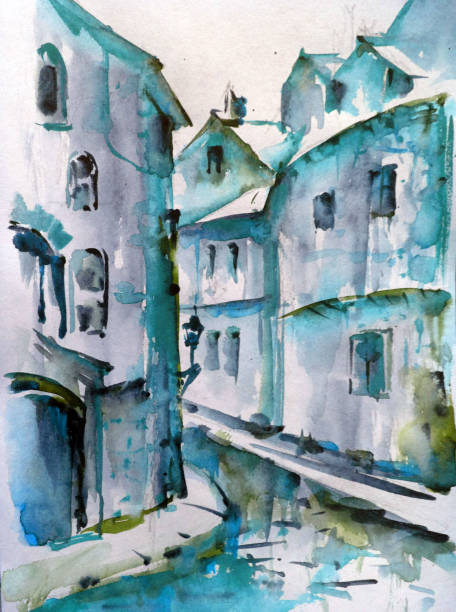 istock Watercolor colorful bright textured abstract background handmade . Mediterranean landscape . Painting of architecture and vegetation of the old town 1363097333