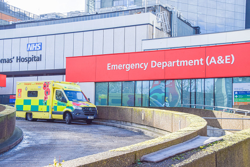 London, United Kingdom - February 18 2021: Ambulance vehicle outside the emergency department at St Thomas' Hospital