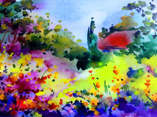 istock Watercolor colorful bright textured abstract background handmade . Mediterranean landscape . Painting of architecture and vegetation of the sea coast 1363099785