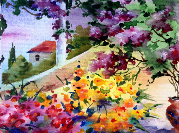 istock Watercolor colorful bright textured abstract background handmade . Mediterranean landscape . Painting of architecture and vegetation of the sea coast 1363100289