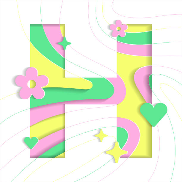 h 알파벳 추상화 활기찬 꽃 심장 반짝 반짝 빛 노란색 녹색 핑크 산 지리 윤곽지도 3d 레이어 라인 컷 아웃 카드 웹 배너 - letter h alphabet three dimensional shape green stock illustrations