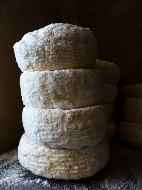 istock Gourmet artisanal cheese rounds stacked in dramatic light 1363102474