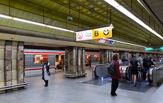 PRAGUE, CZECH REPUBLIC - OCTOBER 13, 2019: Prague metro underground Mustek tube station