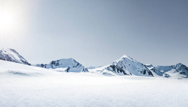 High alpine alpine peaks with blue skies in winter