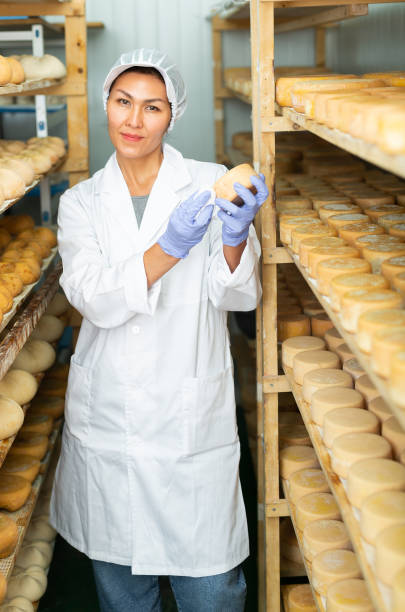 istock Cleaning cheese while it matures at cheese factory 1363111762