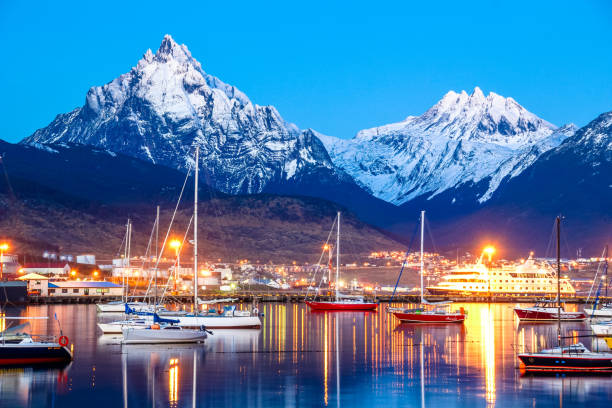 Ushuaia City at Night Bay and city of Ushuaia in winter season ushuaia stock pictures, royalty-free photos & images