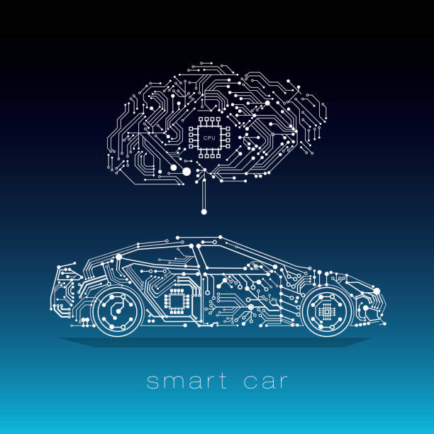 self driving smart car illustration self driving Car, autonomous driving, modern, Cloud service, AI, artificial intelligence, concept car stock illustrations