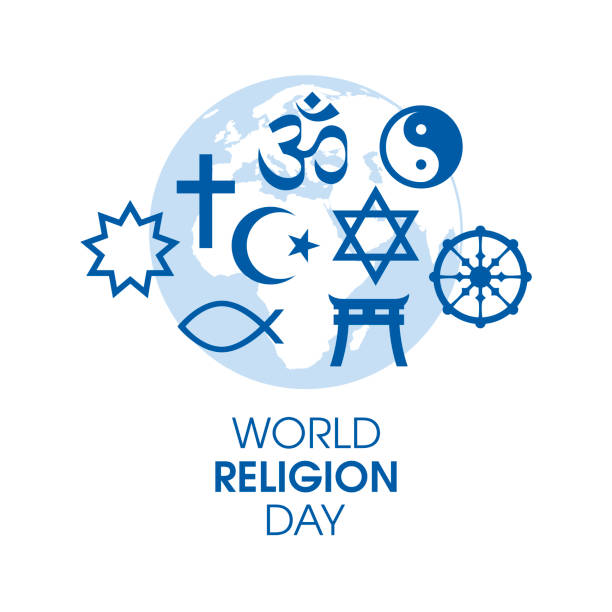 World Religion Day Poster with religious symbols vector Religious symbols blue silhouette icon set vector isolated on a white background. World map and religions symbols vector. Important day religious symbol stock illustrations