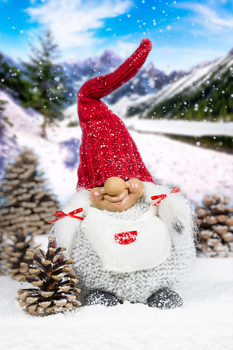 Mascot Christmas gnome in the mountains