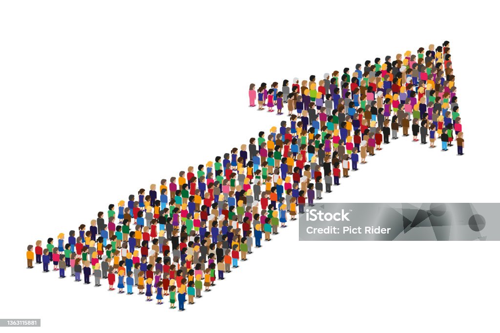 A crowd of people going in the same direction, forms an arrow. Concept of teamwork with a group of people moving in the same direction following an arrow. The Way Forward stock vector