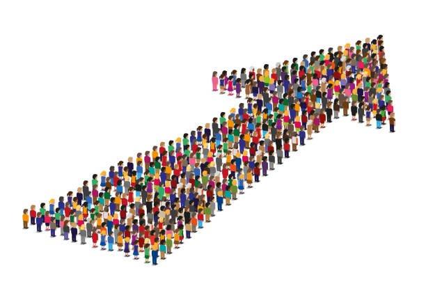 A crowd of people going in the same direction, forms an arrow. Concept of teamwork with a group of people moving in the same direction following an arrow. fleche stock illustrations