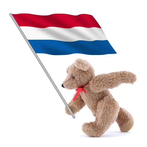 Photo of Netherlands Holland flag being carried by a cute teddy bear