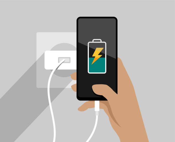 Phone charging, socket and power supply Phone charging - chargeable device in hand, socket and power supply. Flat vector illustration mobile phone charger stock illustrations