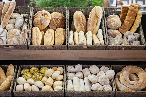 Assortment of Various types of Italian Bread in a Bakery.