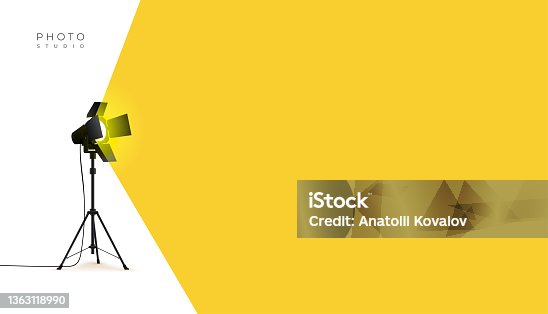 istock Photo studio lamp. Spotlight concept. Spotlight shines with yellow light from the left side. Place for text for your design. Vector illustration photo studio flashes light bulb icon. 1363118990