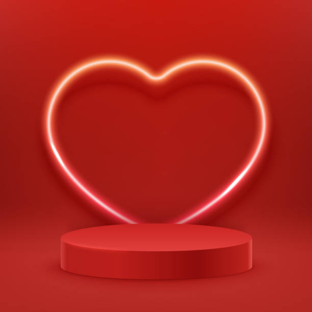 istock Red podium with glowing heart shaped frame. Glowing lighting and shadows. Mockup scene of geometry shape platform 1363119611