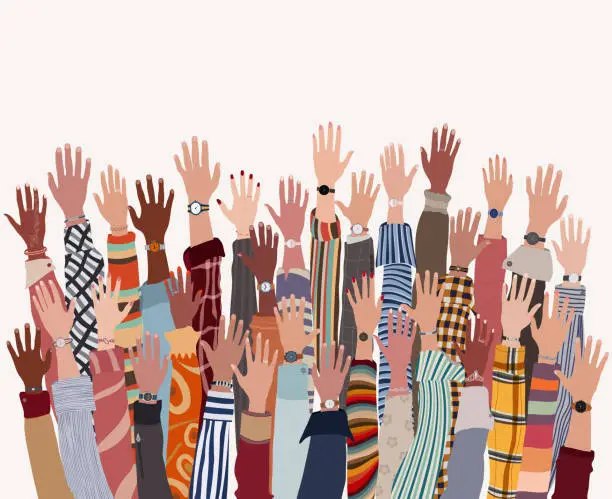 Vector illustration of Group of many raised arms and hands of diverse multi-ethnic and multicultural people. Diversity people. Racial equality. Concept of teamwork community and cooperation.Diverse culture.Trust