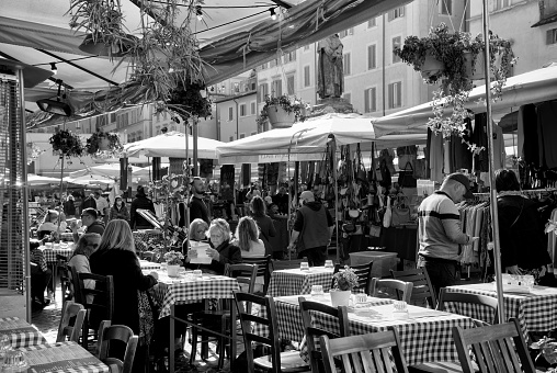 Rome, Italy. 10/28/2021: tourists at restaurant, Campo De Fiori, Rome, Italy.