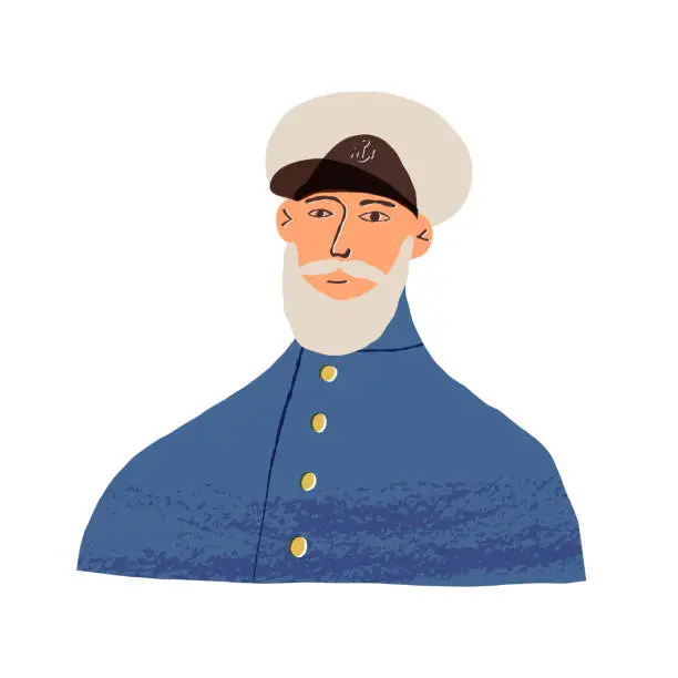 Vector illustration of Portrait of a kind bearded captain in a marine professional uniform, wearing a cap with an anchor sign - conqueror of the seas and oceans symbol. Hand drawn vector isolated illustration.