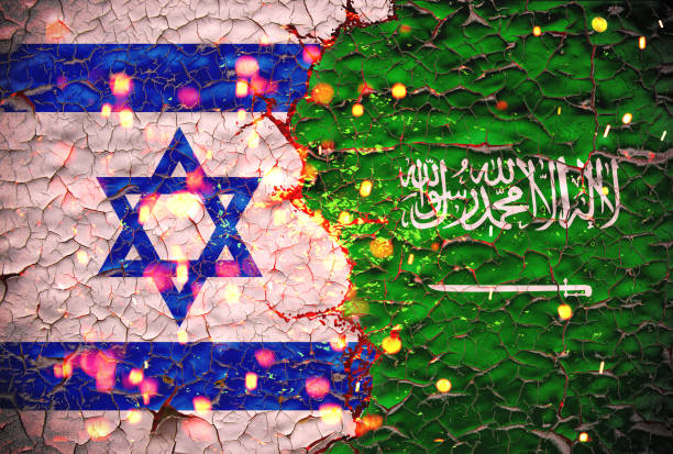 istock Grunge Israel vs Saudi Arabia national flags icon pattern isolated on broken cracked wall background, abstract international political relationship friendship divided conflicts concept wallpaper. 1363129896