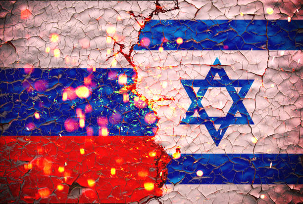 istock Grunge Israel vs Russia national flags icon pattern isolated on broken cracked wall background, abstract international political relationship friendship divided conflicts concept wallpaper. 1363129919