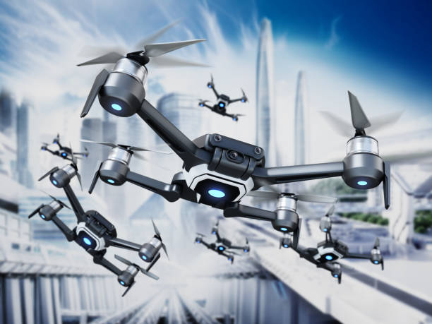 istock Group of drones flying against futuristic city background 1363131049