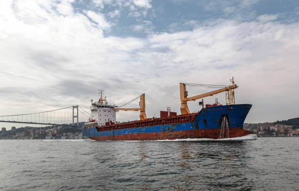 09 July 2024, Istanbul, Turkey: A large cargo vessel at a bustling port along the Bosphorus, showcasing the busy maritime trade and logistics of shipping industry