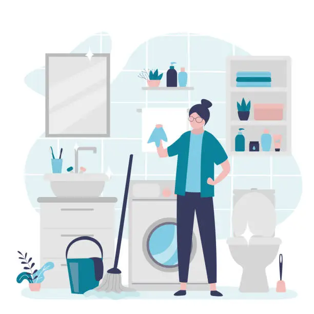 Vector illustration of Housemaid mopping floors in restroom. Girl with rag washed furniture to shine. Lavatory interior design