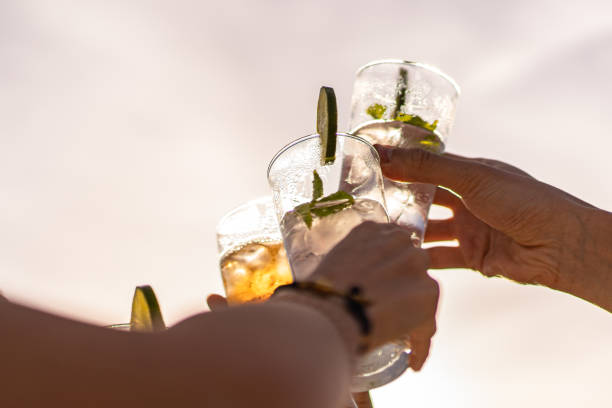 freunde, die im sommer cocktailgläser für einen feierlichen toast gegen den himmel aufstellen - cocktail party stock-fotos und bilder