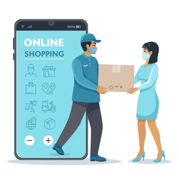 Vector illustration of E-commerce. Online Shopping. Delivery man and customer.