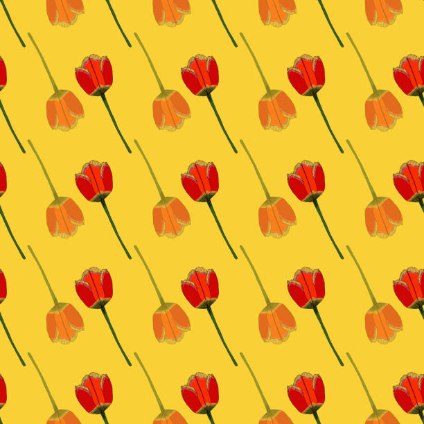 ilustraciones, imágenes clip art, dibujos animados e iconos de stock de flores de tulipán rojo patrón sin costuras sobre fondo amarillo - textile purple translucent backgrounds