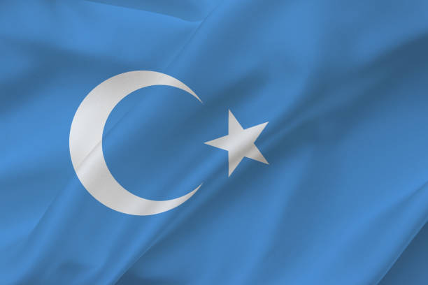 istock East Turkistan flag on waving silk background 1363143649