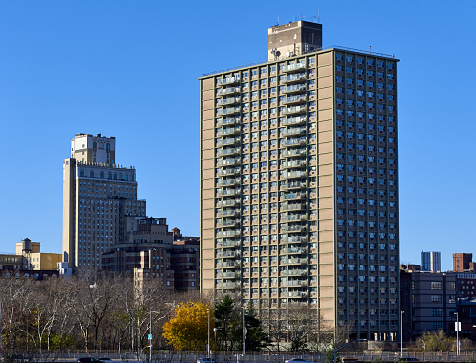 Brooklyn, NY - December 12, 2021: 140 Cadman Plaza West (1967), a 27-story residential high-rise in Brooklyn Heights NYC, is a Mitchell-Lama cooperative housing development of affordable housing for middle-income residents.