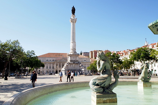 Sculptures of the South fountain in the Rossio Square, the Column of D. Pedro IV, King of Portugal and the Algarves, in the background, Lisbon, Portugal