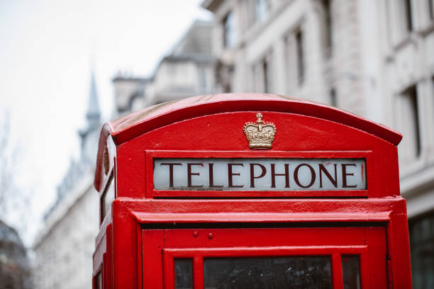 Classic British red colored pay telephone booths in London