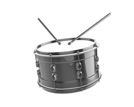 Black snare drum and drumsticks isolated on white background. 3d rendered