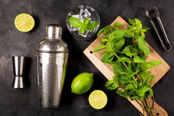 istock Ingredients for mojito drink. Lemon, mint and bar ware. 1363153086