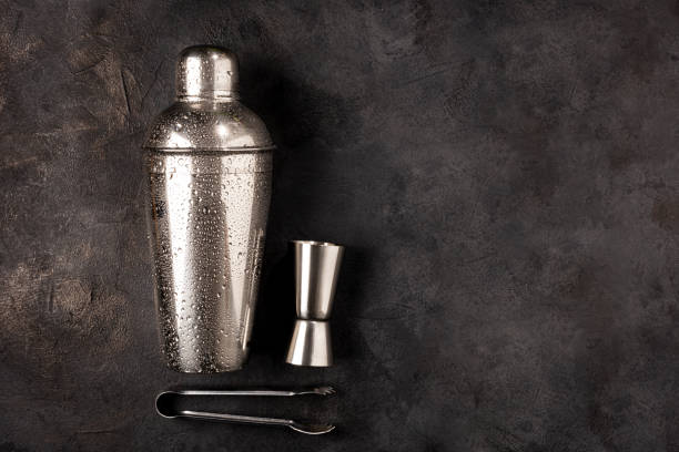 istock Bar ware on the table. Stainless steel shaker, jigger and ice picker. 1363153092