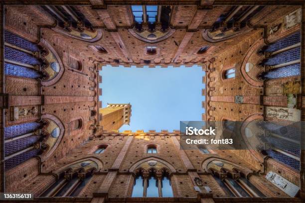 Iconic Courtyard Of Palazzo Pubblico Palace In Siena Historic Center Tuscany Italy Stock Photo - Download Image Now