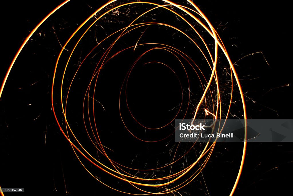Circular light in the dark Photo taken with a long exposure of the camera and a light source. Ignorance Stock Photo