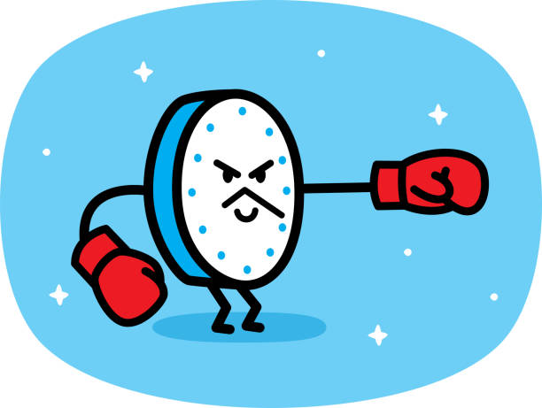 Beat the Clock Doodle Vector illustration of a hand drawn clock punching with boxing gloves against a blue background. punching illustrations stock illustrations
