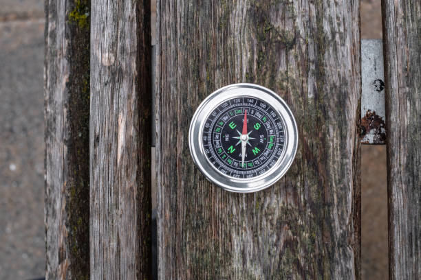 istock Vintage old compass on a brown wood textured background 1363162265