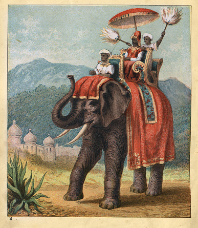 Vintage illustration of a Maharaja riding on a howdah on Indian elephant, India, Victorian, 1880s, 19th Century