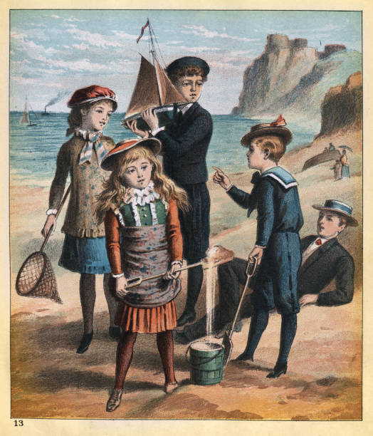 Vintage illustration of Children playing on the beach, Vacations, Bucket, Spade, Model boat, Victorian childhood, 1880s, 19th Century