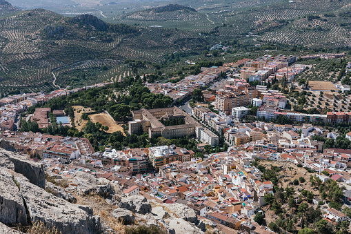 High altitude view of the city of Jaén from the cross of the Castle of Santa Catalina, Andalusia, Spain.