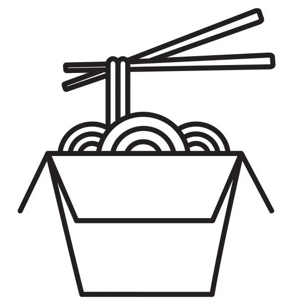 Vector illustration of Chinese food take out box with noodles and chopsticks thin line Icon set - editable stroke