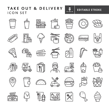 Vector illustration of a big set of take out and delivery restaurant icons. Includes take out containers, fast foods, hamburger, hotdog, French fries, chicken strips, sub sandwich, Chinese take out food, seafood, pizza, drinks, grocery, sushi, donuts, tacos, ice sweets, fried chicken, ice cream, bubble tea and coffee and tea. Also includes take out containers, straws, drive through window, delivery, online food ordering, diner and fast food restaurant building exterior. Fully editable stroke outline for easy editing. Simple set that includes vector eps and high resolution jpg in download.
