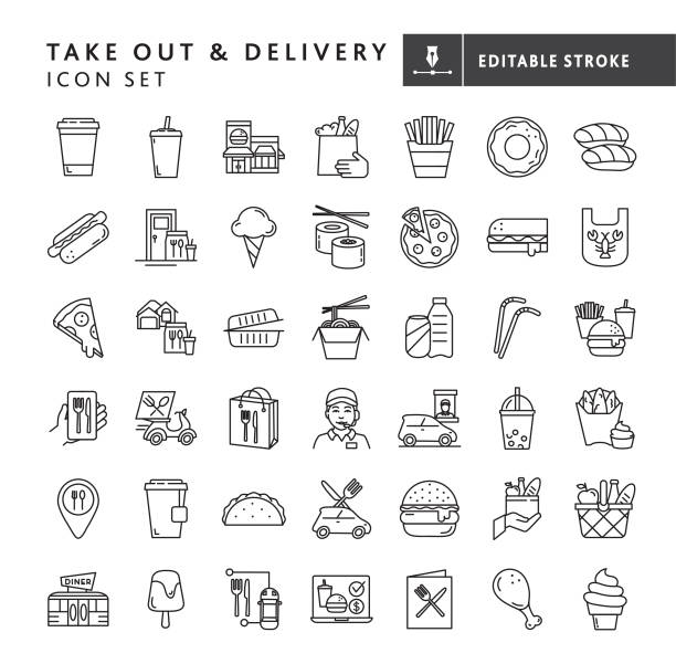 Restaurant take out and delivery food and drink thin line Icon set - editable stroke Vector illustration of a big set of take out and delivery restaurant icons. Includes take out containers, fast foods, hamburger, hotdog, French fries, chicken strips, sub sandwich, Chinese take out food, seafood, pizza, drinks, grocery, sushi, donuts, tacos, ice sweets, fried chicken, ice cream, bubble tea and coffee and tea. Also includes take out containers, straws, drive through window, delivery, online food ordering, diner and fast food restaurant building exterior. Fully editable stroke outline for easy editing. Simple set that includes vector eps and high resolution jpg in download. chinese takeout stock illustrations