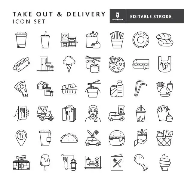 Vector illustration of Restaurant take out and delivery food and drink thin line Icon set - editable stroke